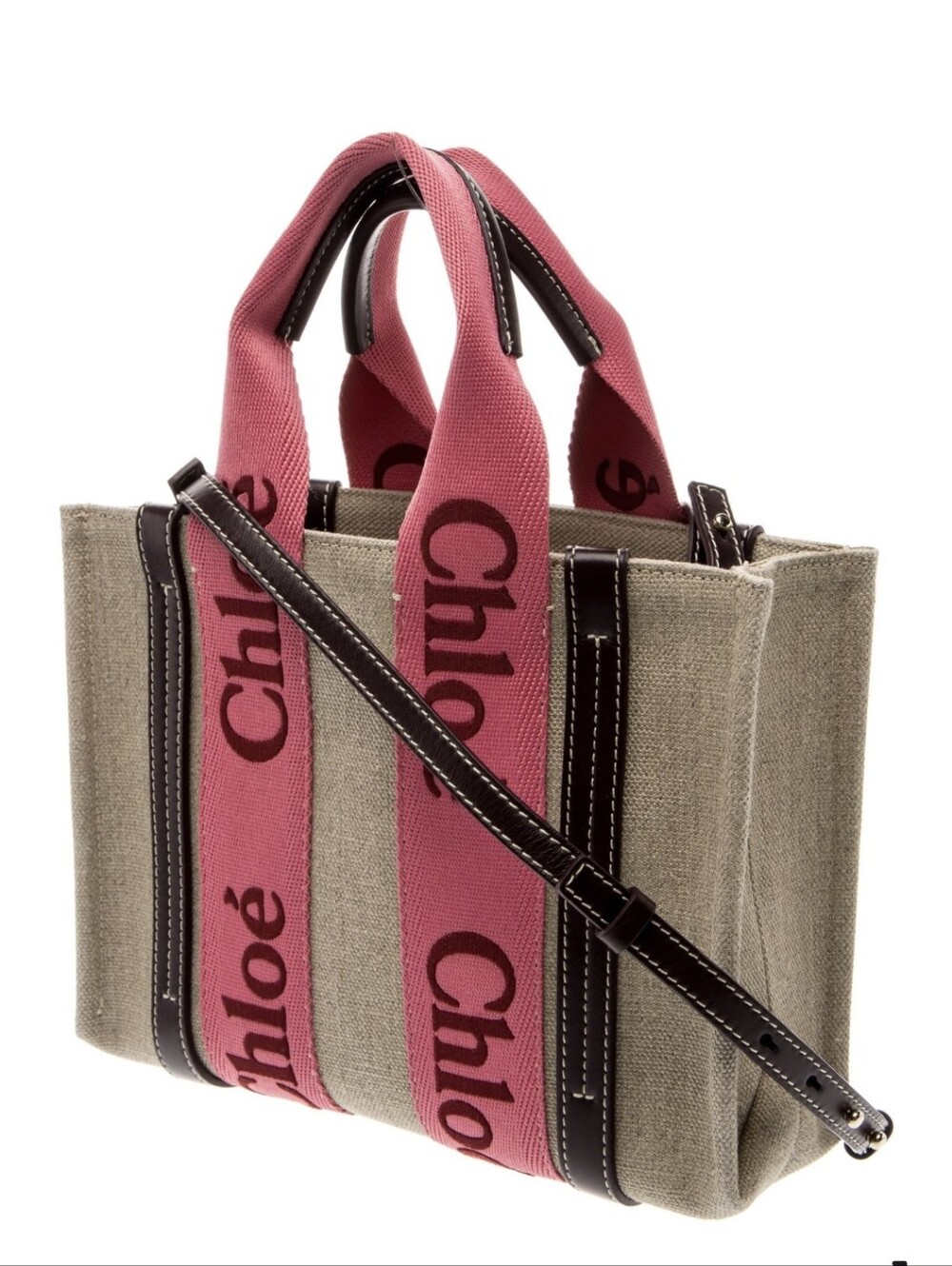 Chloé Woody Canvas Tote with Pink Logo Straps and Burgandy Leather Trim, Small.